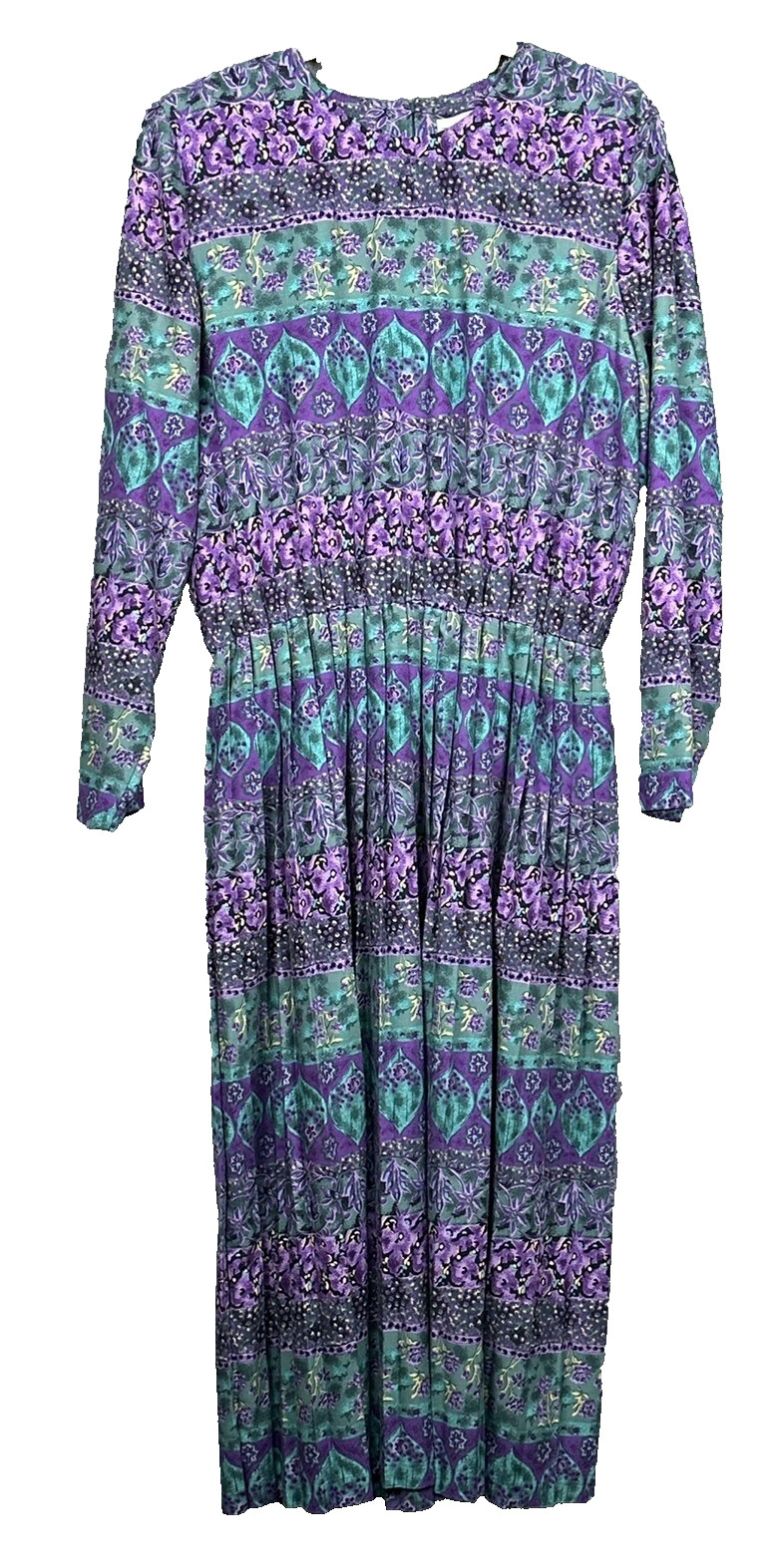 VTG Terri Ellen Dress Womens 18 Tall Green Purple Rayon Blend Pleated – No Belt