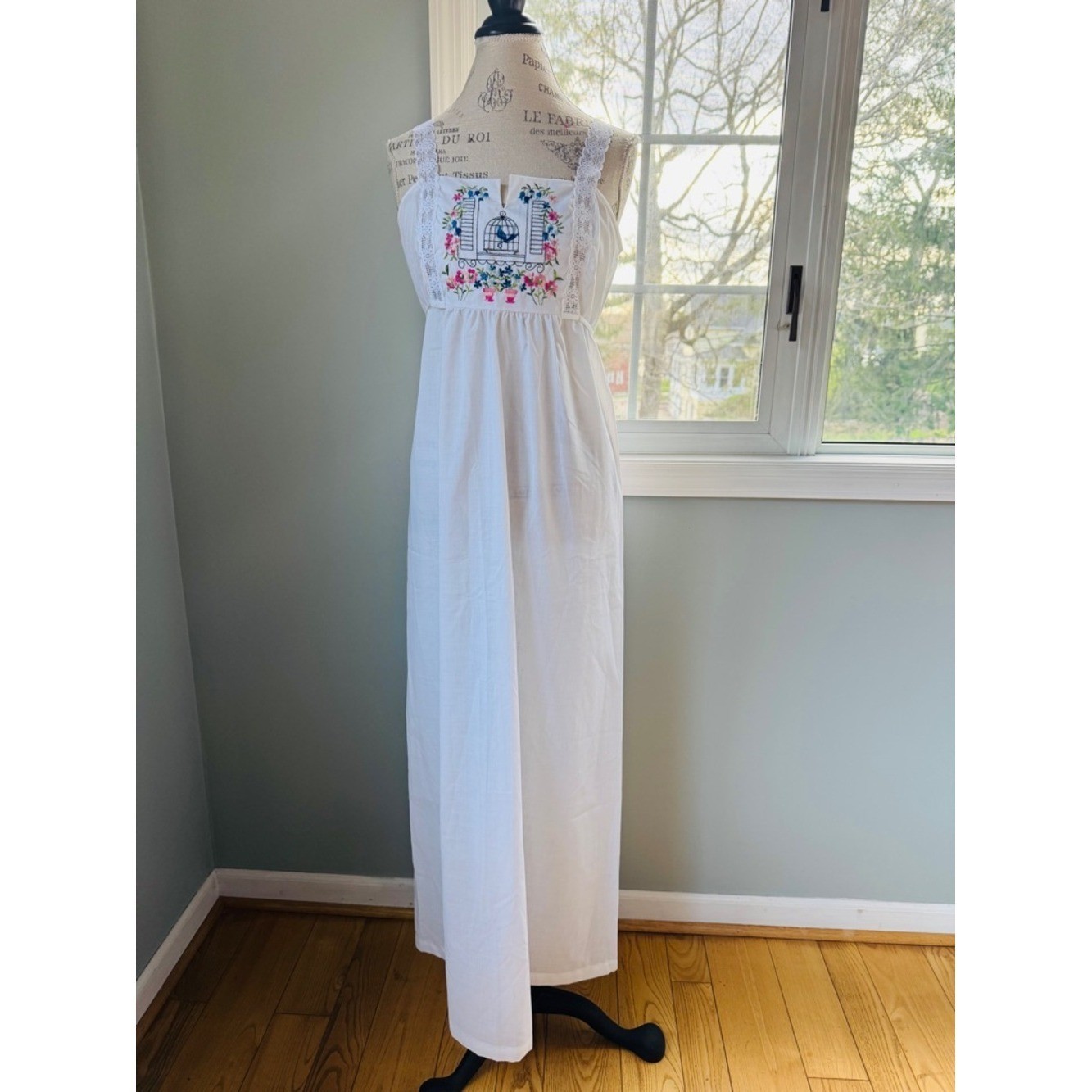 Sears Vintage embroidered bird floral cotton gown and duster set NWOT small