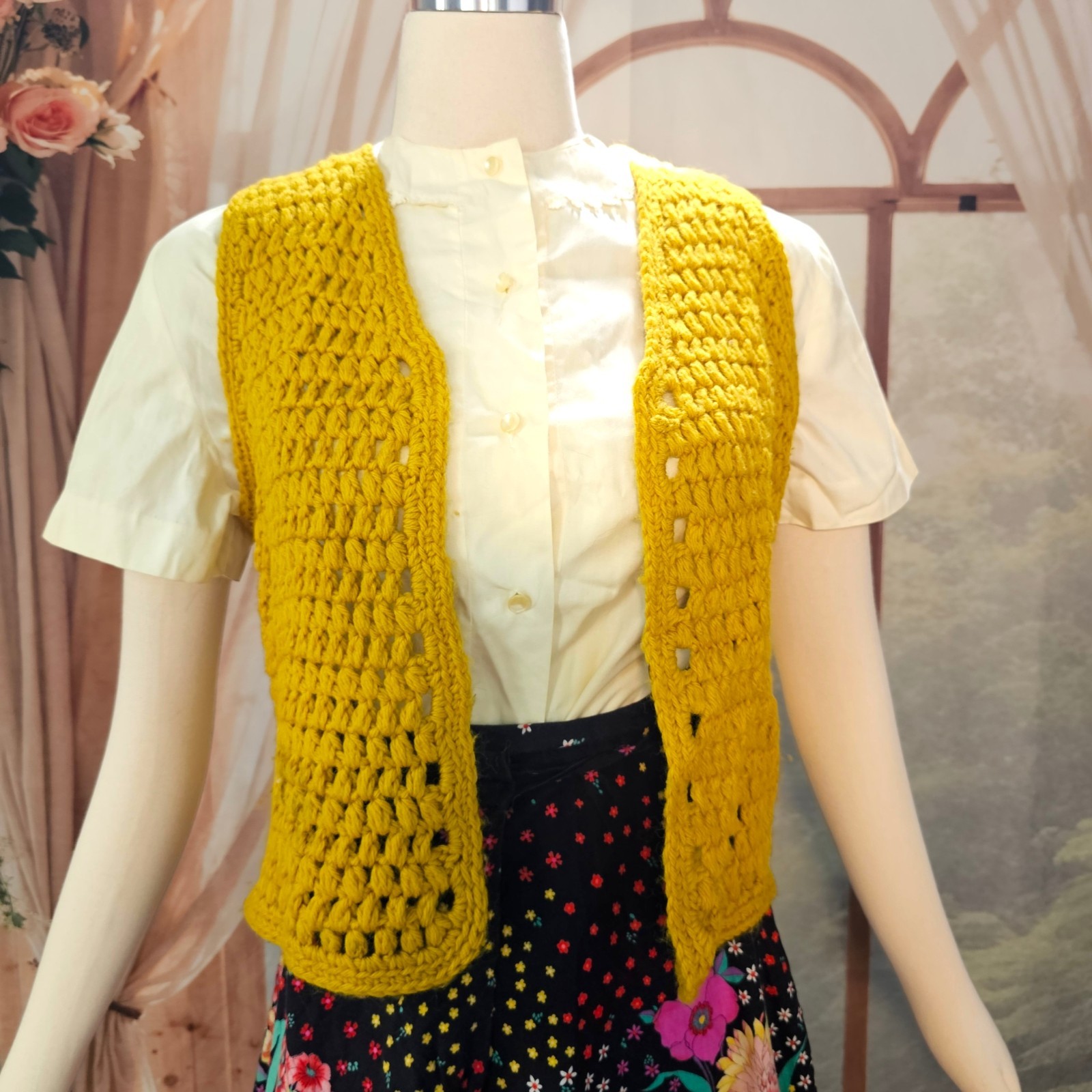 Vintage 1970s Sweater Vest Shrug Mustard Yellow Handmade Crochet Open Front Boho