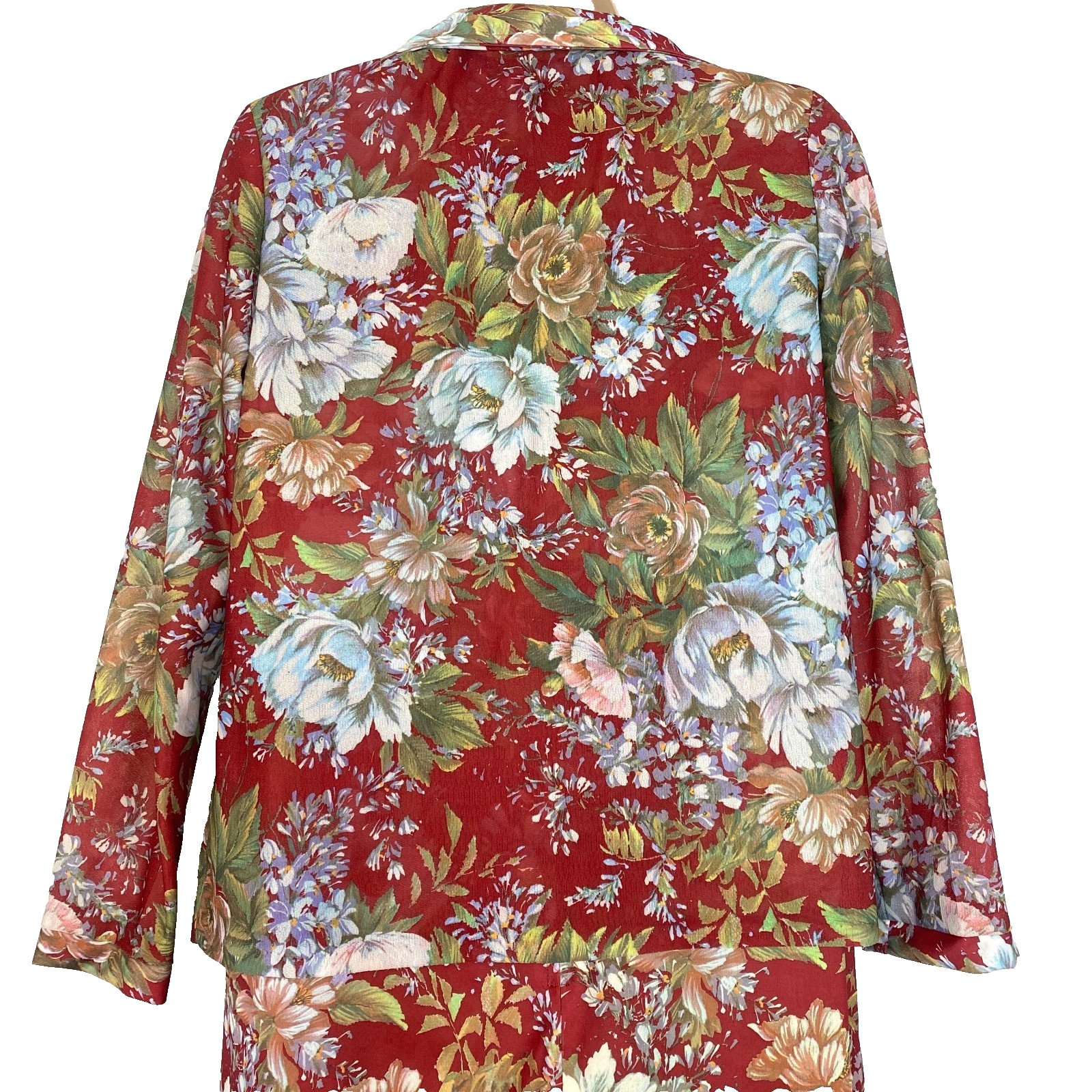 Vintage 1970s red floral midi dress set long sleeve shirt blouse maroon