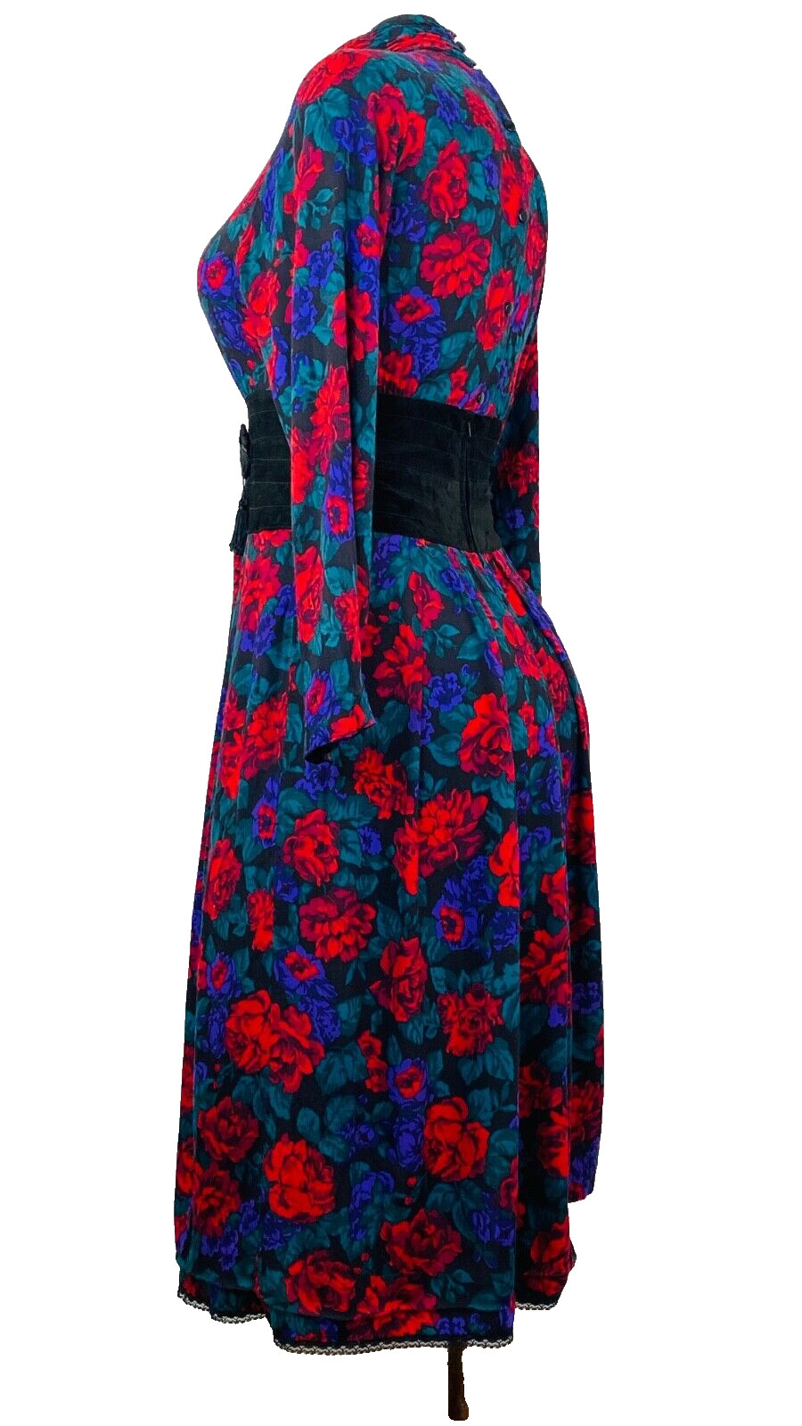 Vintage 1980s red purple floral midi dress, rayon suede waistband Victorian L XL