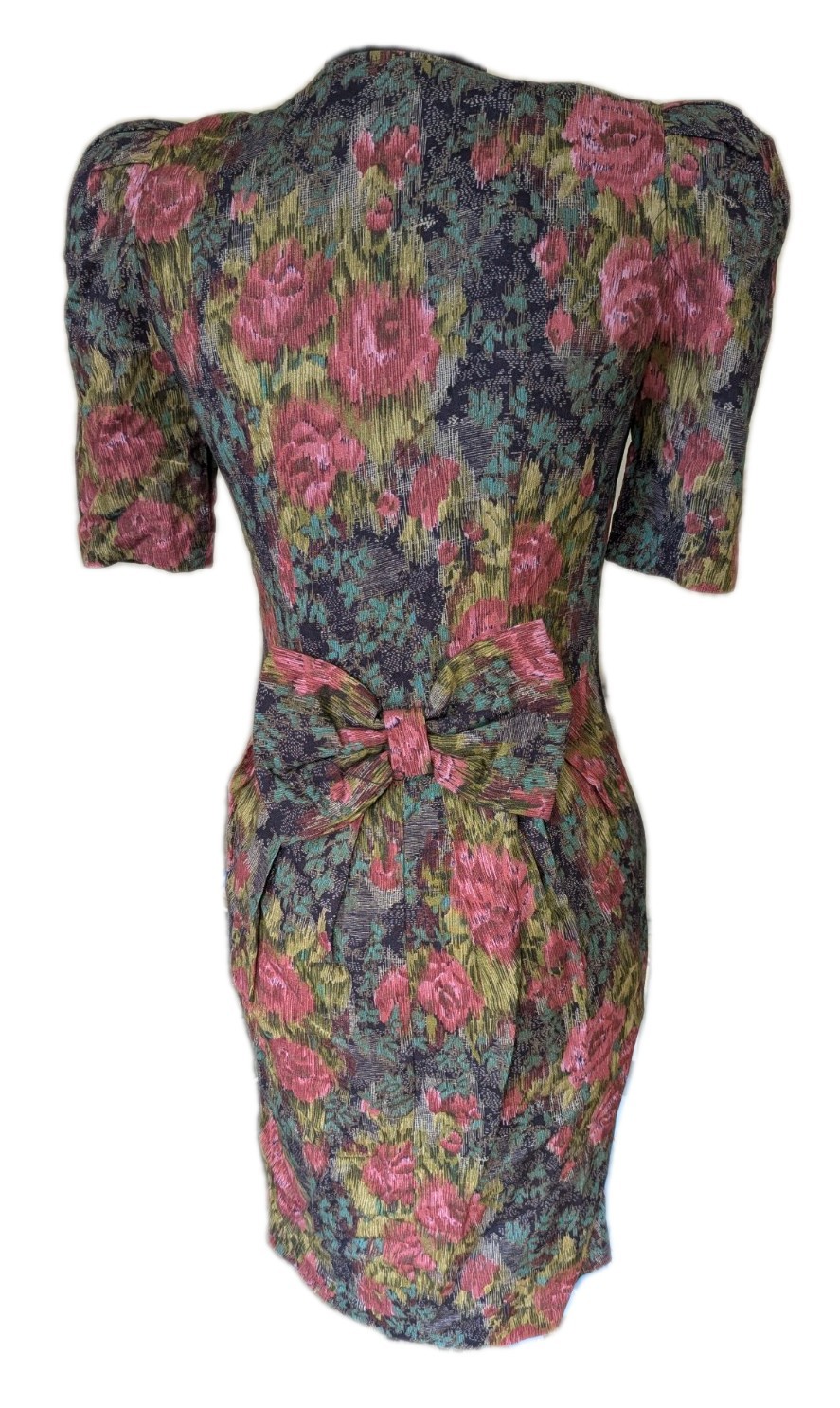 Vintage 80s Floral Button Down Dress W/ Puff Sleeves And Bow On Back Size 2