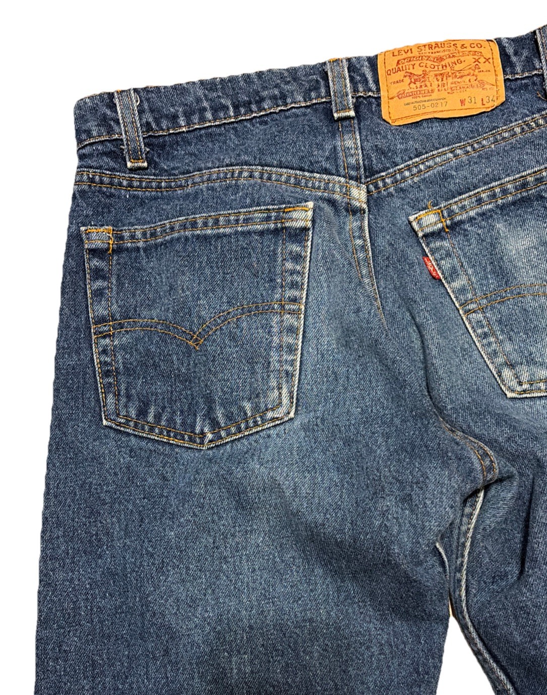 Vintage Levis 505 0217 Red Tab Blue Jeans Denim Fades Raw Hem 30×29 USA Made 80s