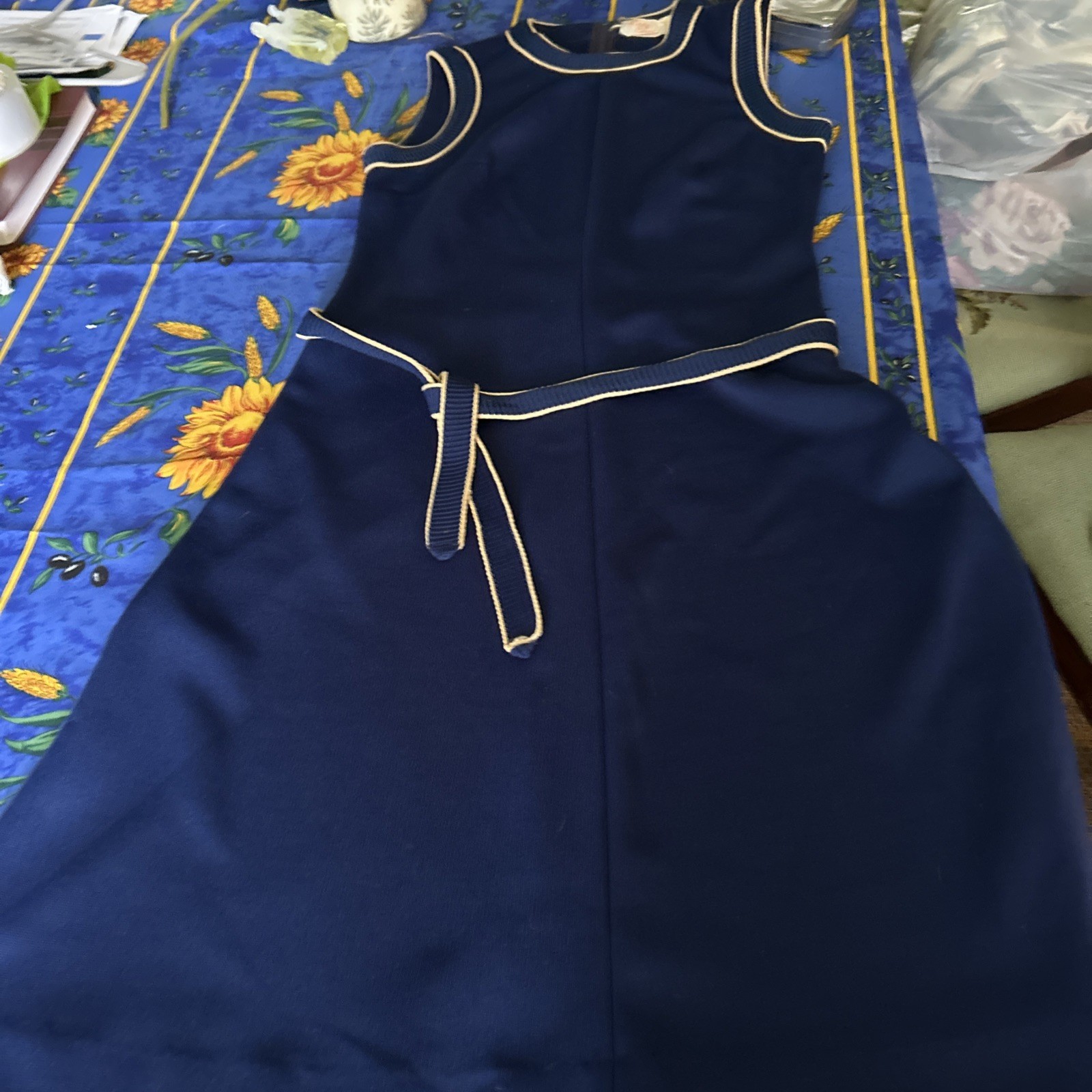 Vtg Lady Carol of New York 2 Pc Navy Knit Dress With Belt & Open Striped Jacket