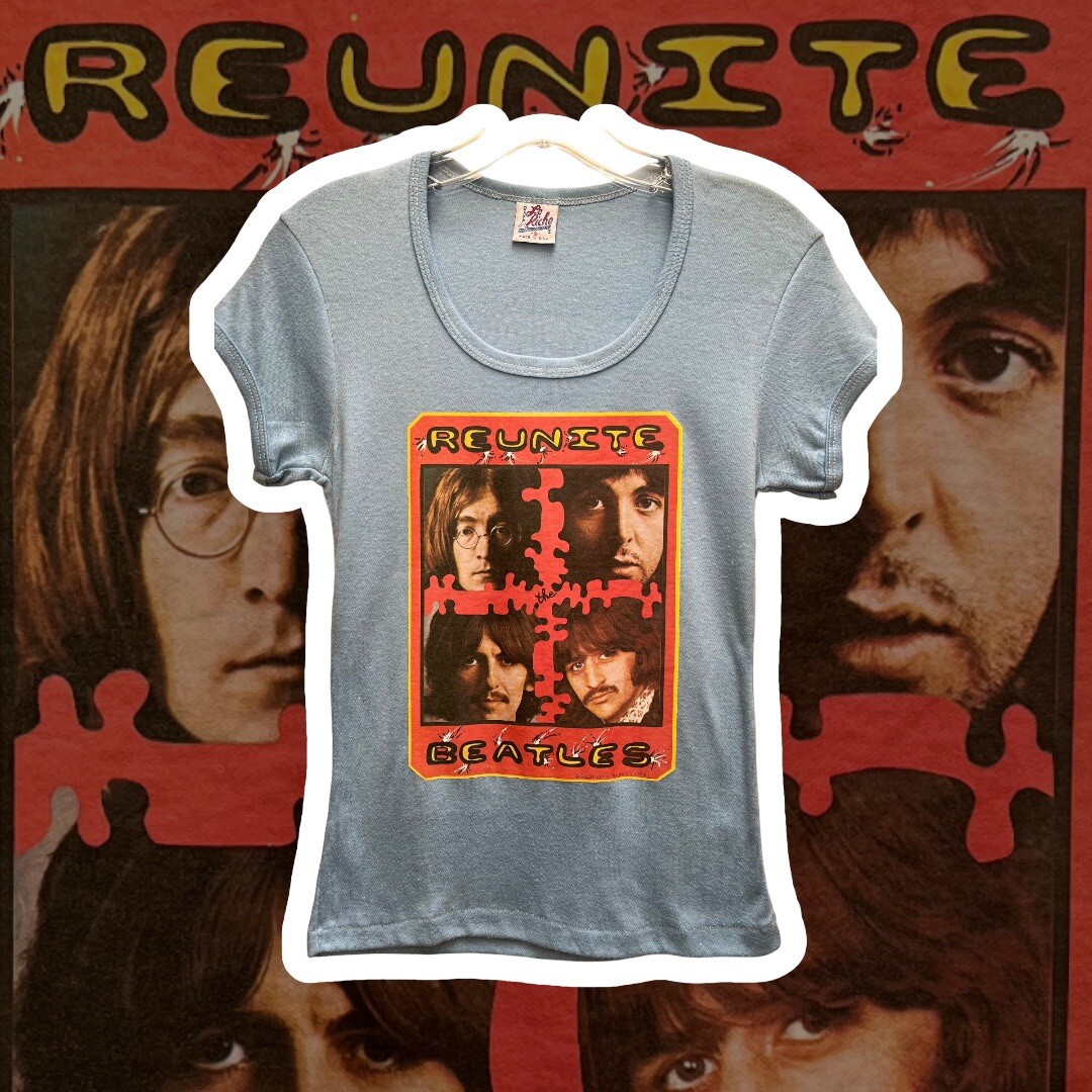 VTG BEATLES Reunite 1976 Tee T shirt Top Women Blue French tee Size Small