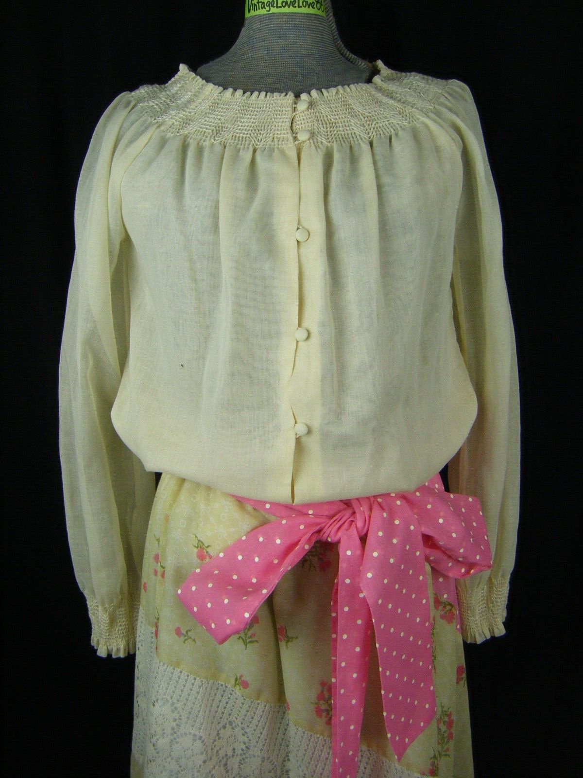 CHESSA DAVIS Vtg 70s Ivory/Pink Romantic Blouse Belt & Skirt-Bust 45/Waist 25-30