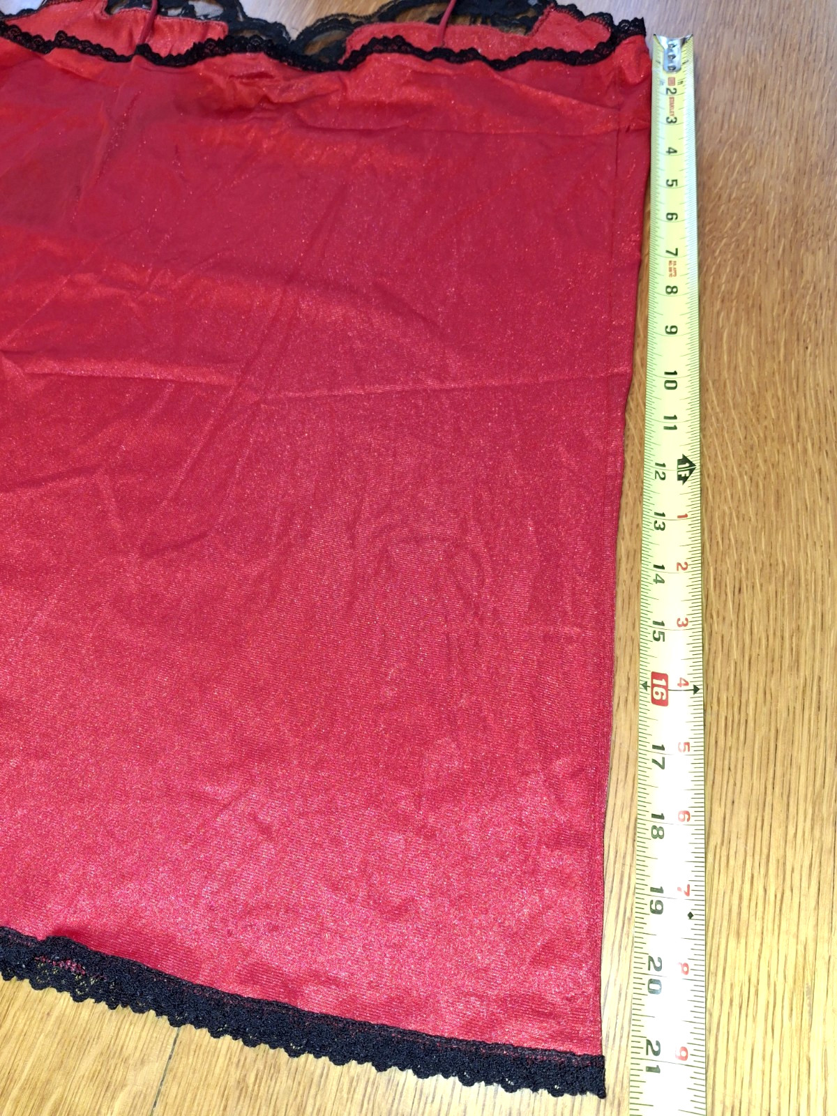 Vintage Red Nylon Black Lace Cami Lingerie Slip Top Spaghetti Straps Slit Side