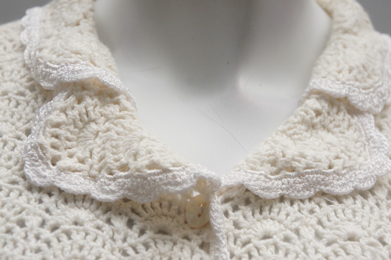 Vintage Jantzen Crochet Cardigan Sweater Open Knit Lace Mother of Pearl Buttons