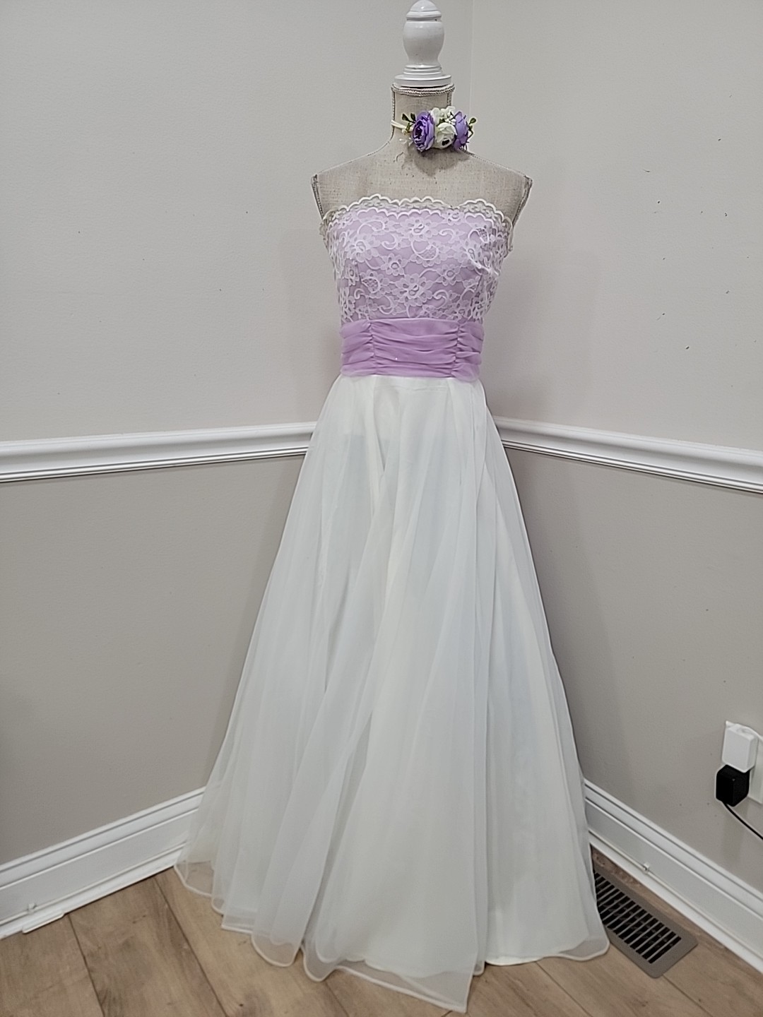VTG’70s Lavender Lace Strapless Evening Dress ILGWU Organza Gown/Bridgerton Styl