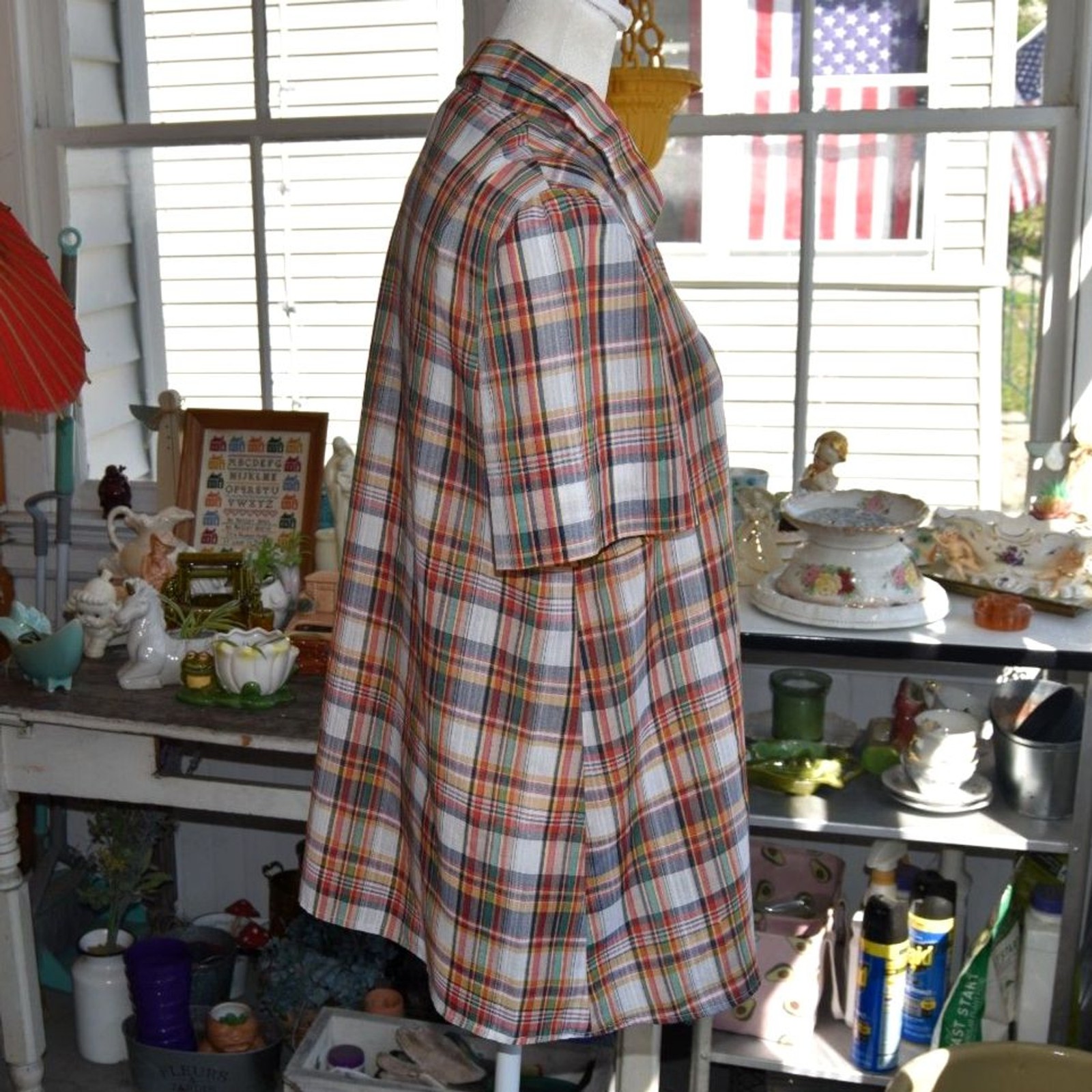 Vintage 1970s Plaid Cotton Blouse Empire Yoke Top Prairie Folk Shirt Medium