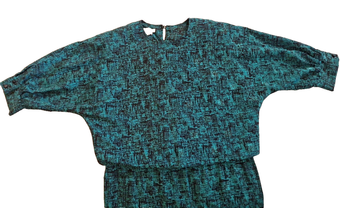 Vintage Act 1 New York Pleated Teal and Black Dress Size3/4, Shoulder pads