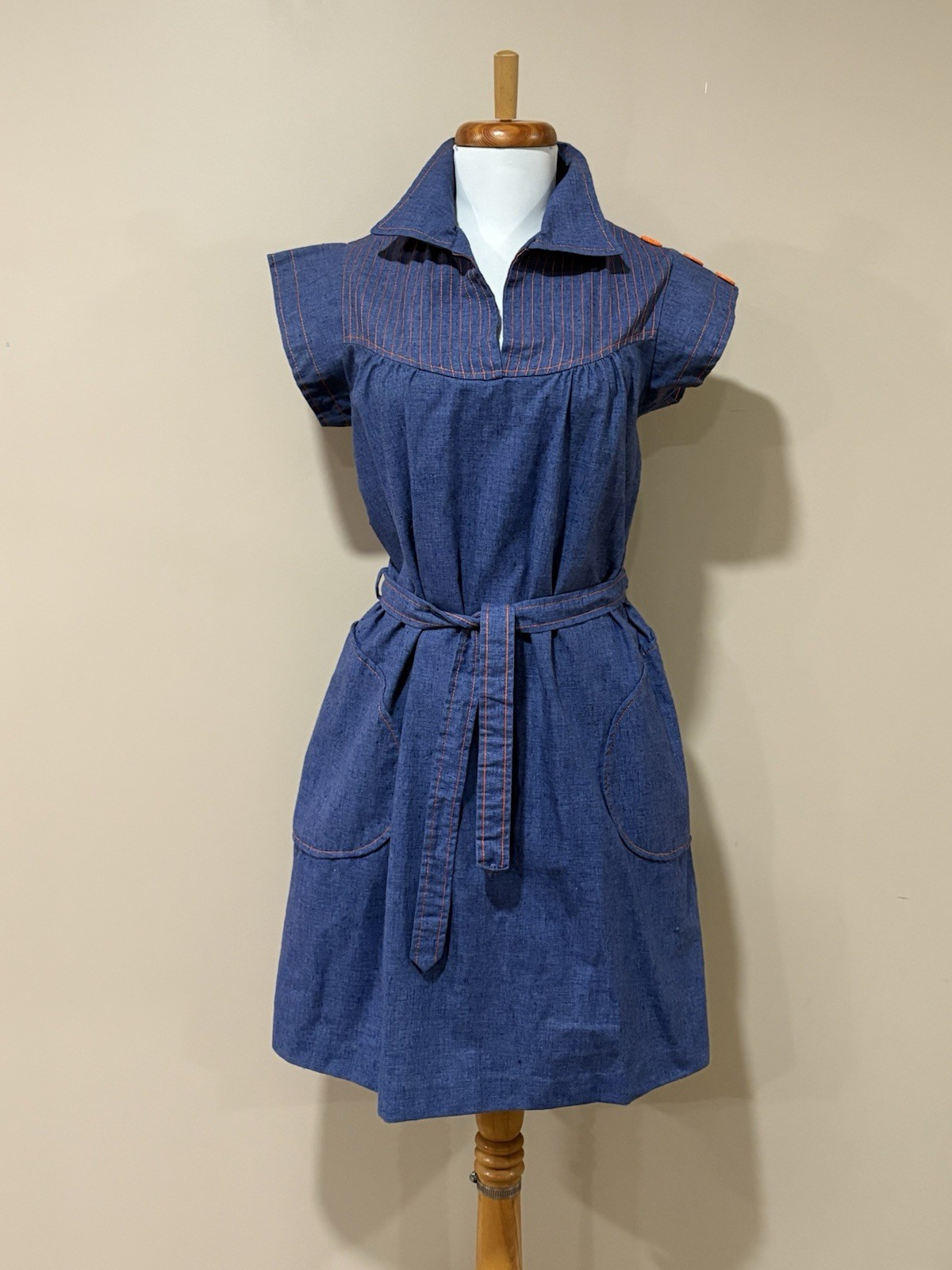 Vintage 70s Chambray Denim Mod Day Dress Mini Belted Pockets Contrast Stitch S