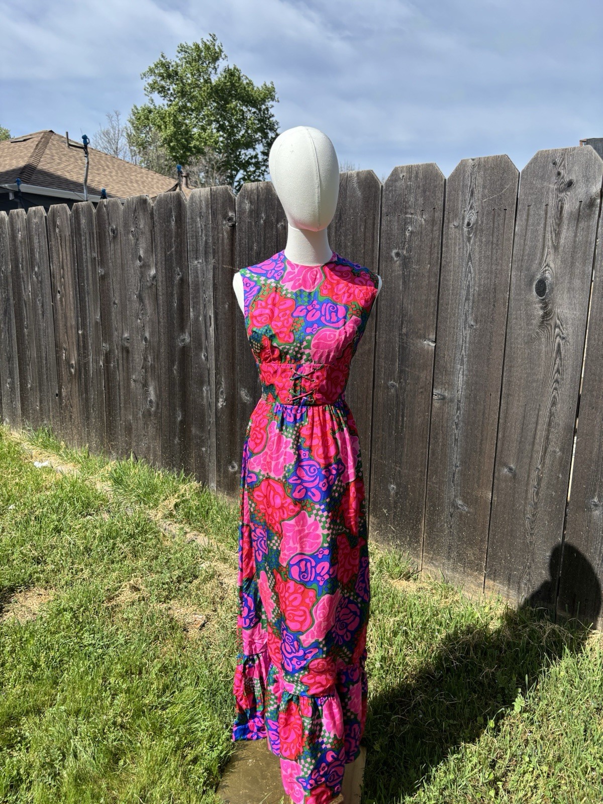 Vtg 60’s Marek NY Vibrant Floral Maxi Dress XS With Faux Cinched Corset Waist