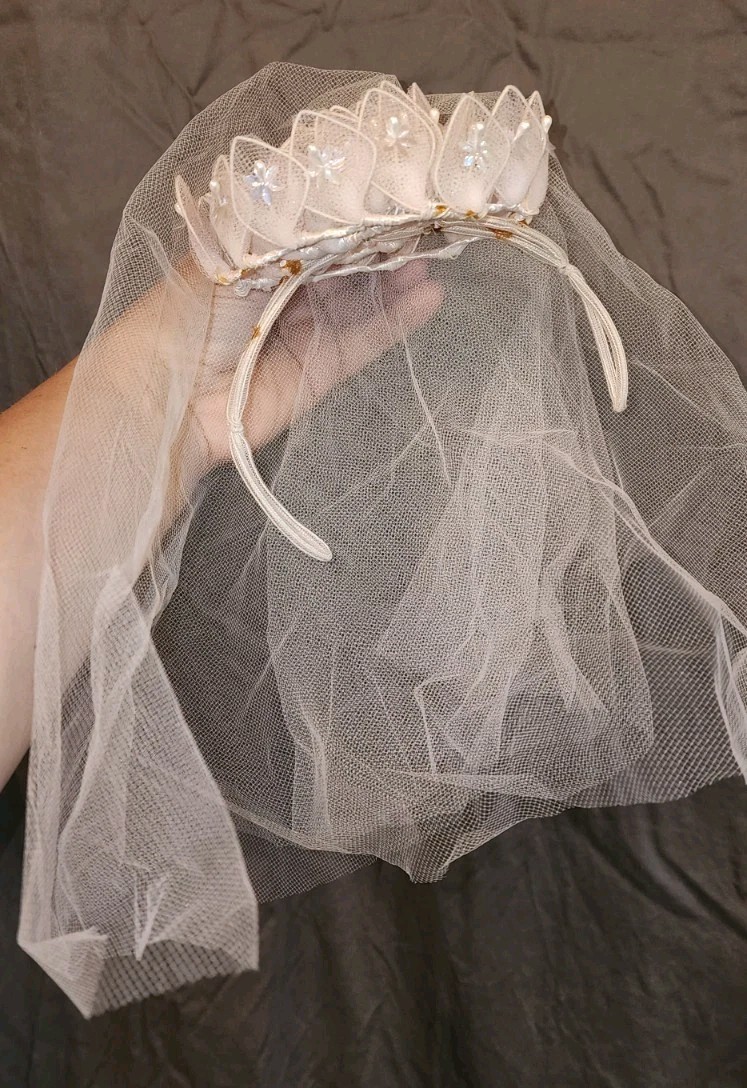 VTG Beaded Ivory Lace Bridal Veil Very Light Pink Wedding Crown Wired Antique