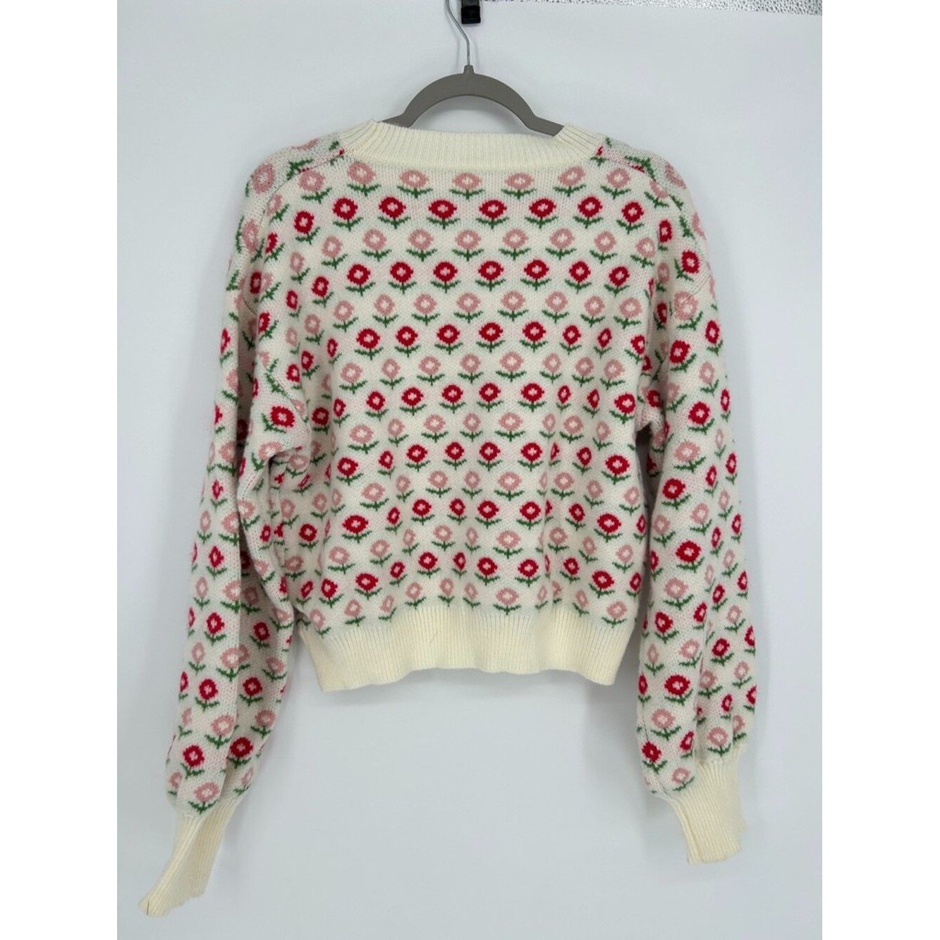 Floral Knit Sweater XL Ivory Pink Red Cottagecore Coquette Crewneck Whimsical