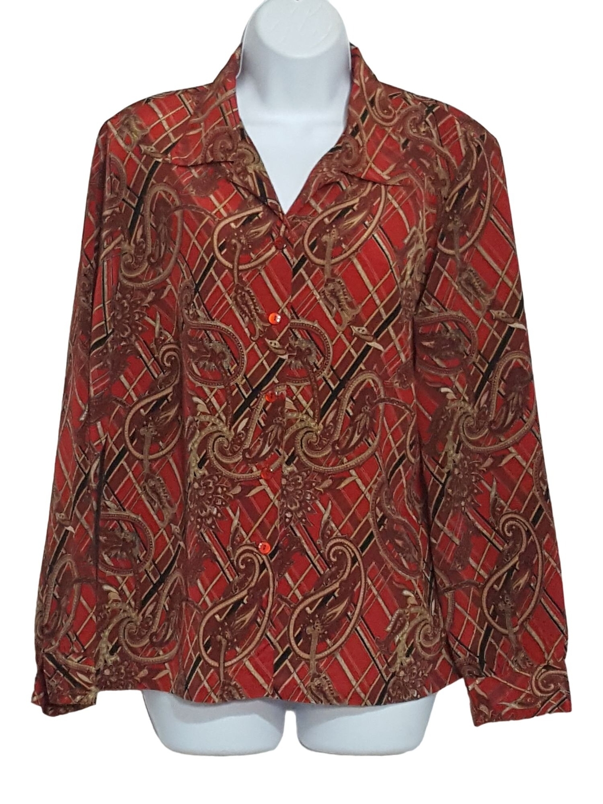 Vintage 80s Secretary Blouse M Red Shoulder Pad Button Up Long Sleeve Paisley