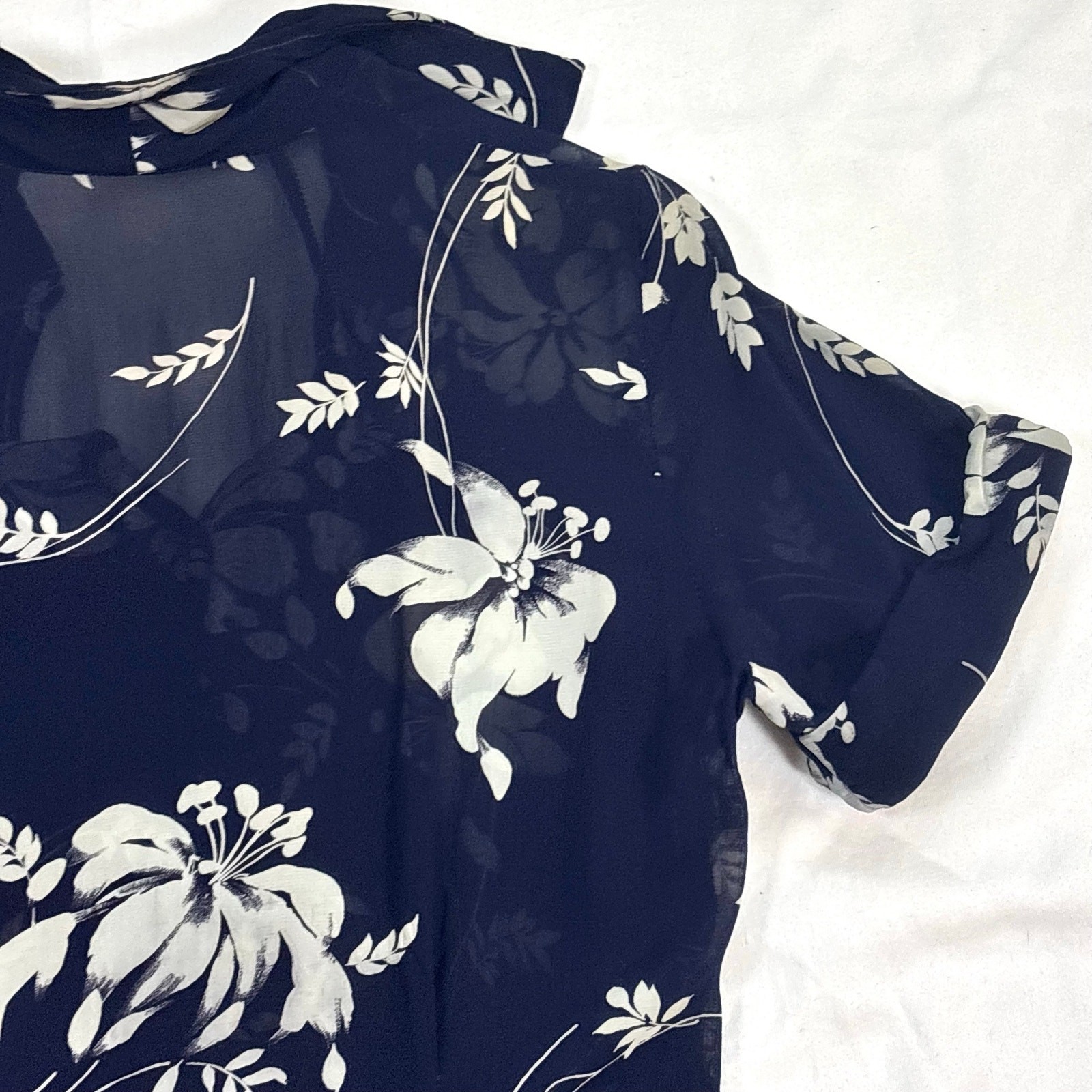 Vintage 1940s Silk Chiffon Shirtwaist Dress Navy Blue Tropical Floral Print