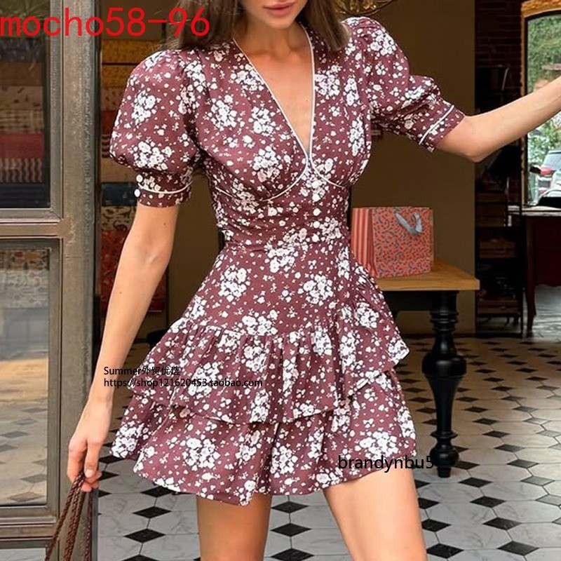 Summer Style Printing V-neck Floral Dress Short Sleeves High Waist Floral Dress
