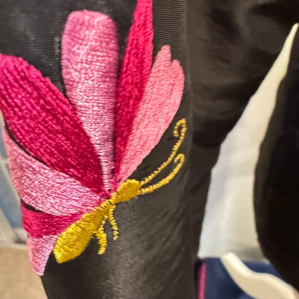 Vintage Black Silk Butterfly Embroidered Asian Style Jacket Hot Pink Trim sm/med