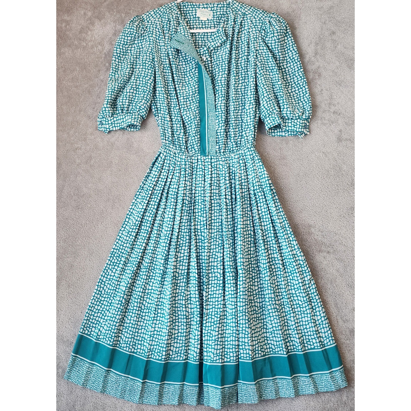 Lady Carol Petites Dress Womens Medium Teal White Abstract Pleated Vintage Midi