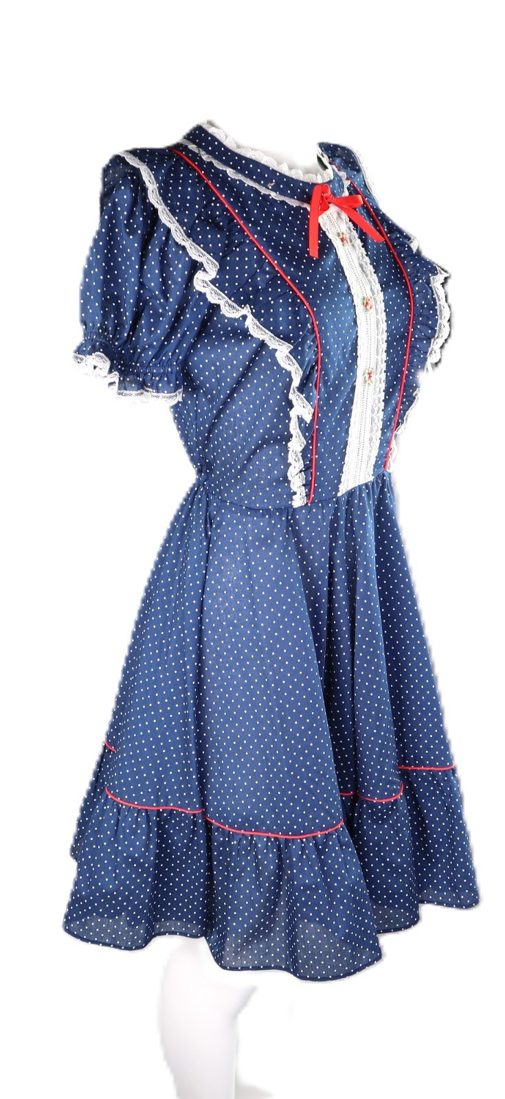 VTG 60s Jeri Bee USA 0 XS Square Dance Prairie Lace Polka Dot Knee Dress Blue