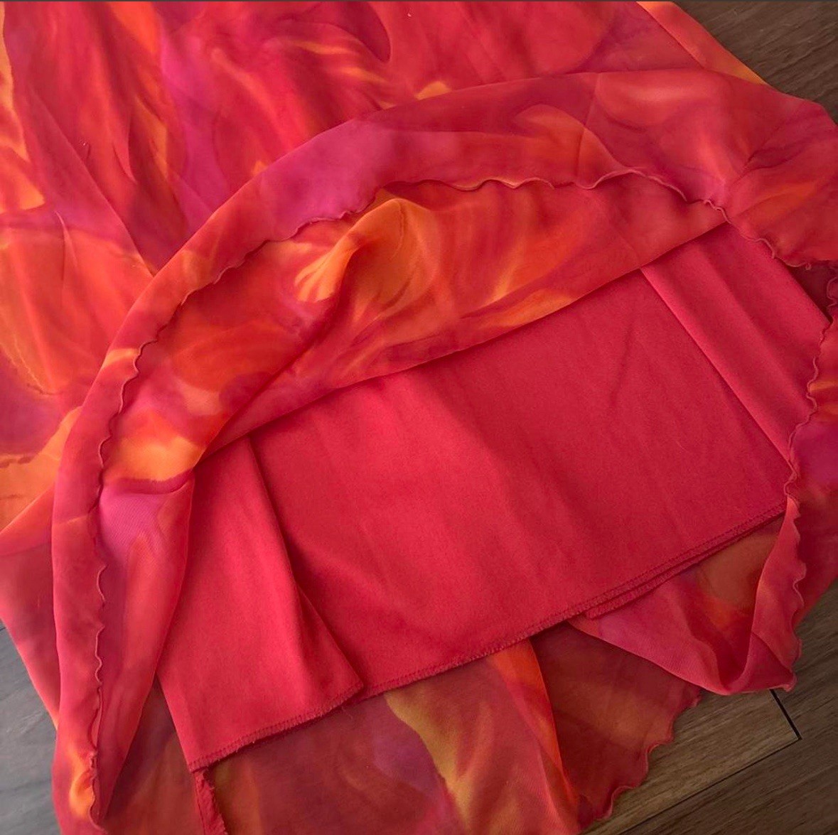 Vintage Meghan Matthew’s Orange Red Floral Sheer Midi Dress Size 10