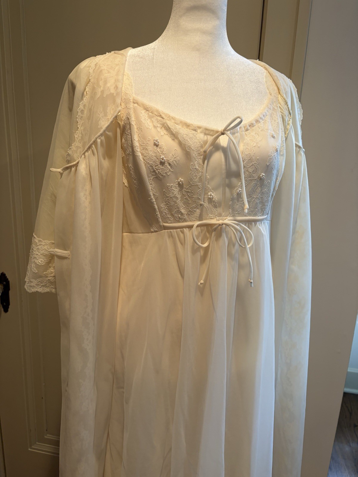 vintage shadowline peignoir set Pale Yellow Medium With Pearl Embellishment