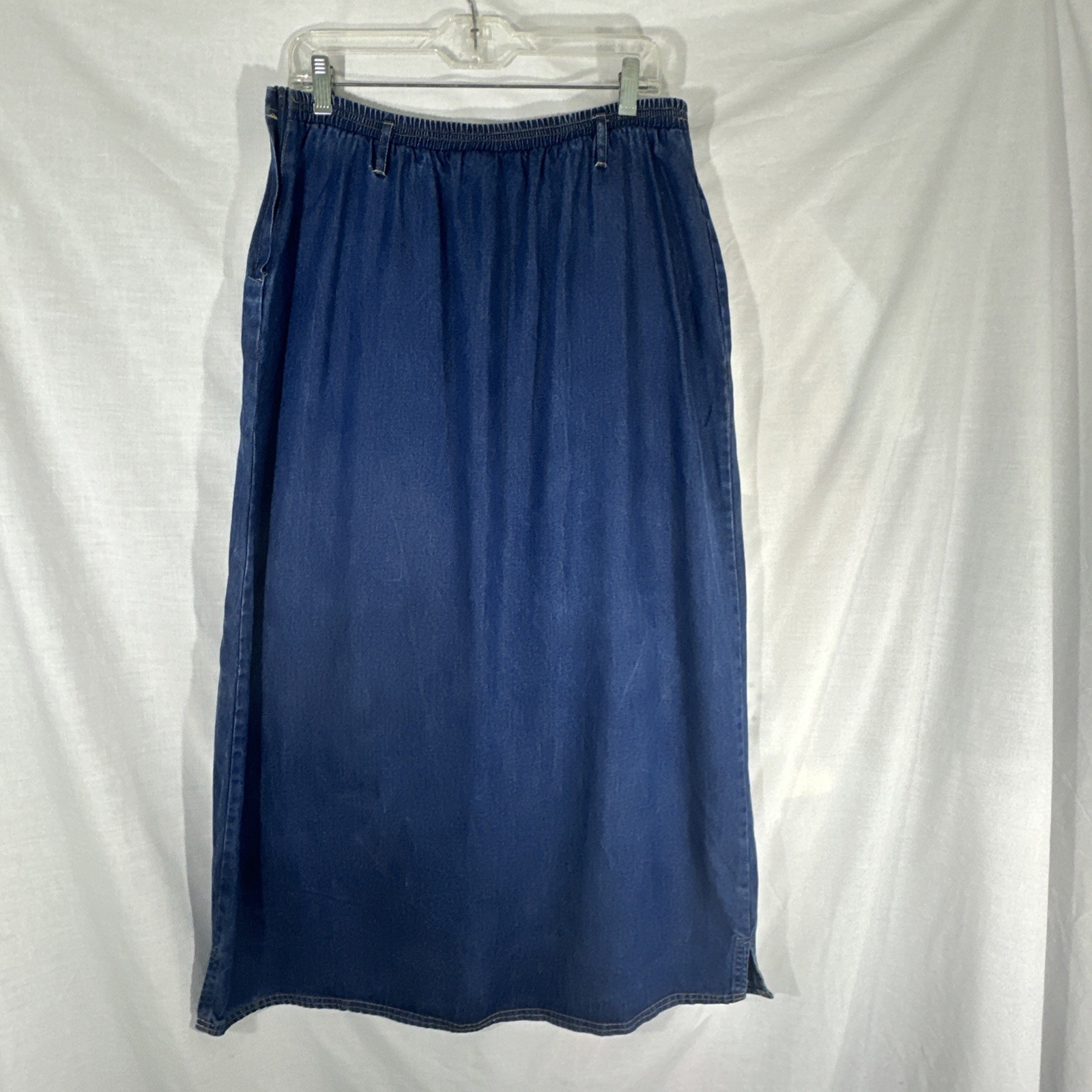 Vtg Y2K Maxi Denim Chambray Skirt Sz XL Elastic Back Belt Loops Med Stone Wash
