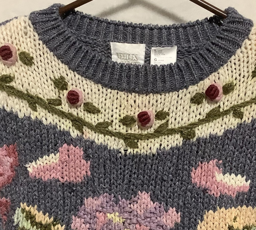 VTG Needles & Yarn Knit Sweater Floral Embroidered Crocheted Sz L Grandma Granny