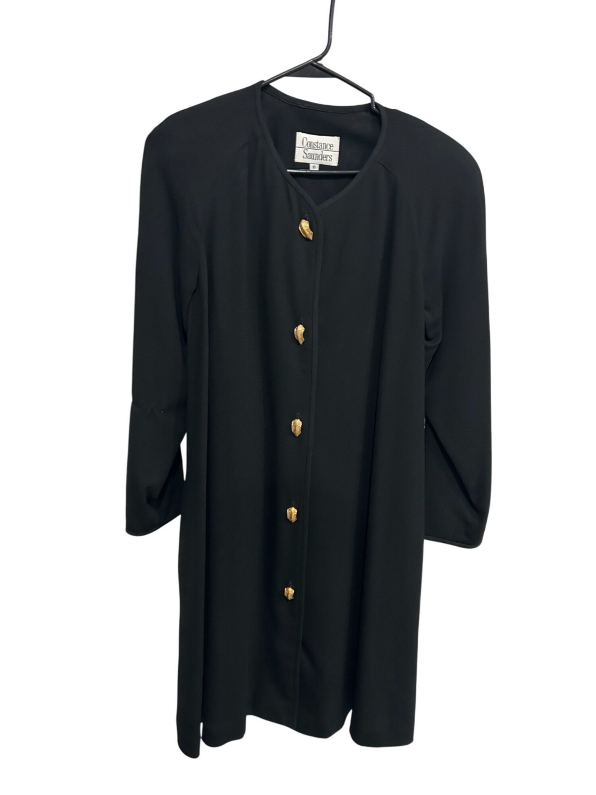 Vintage 80s Constance Saunders Button Front Long Coat Dress Black Sz 8 Formal