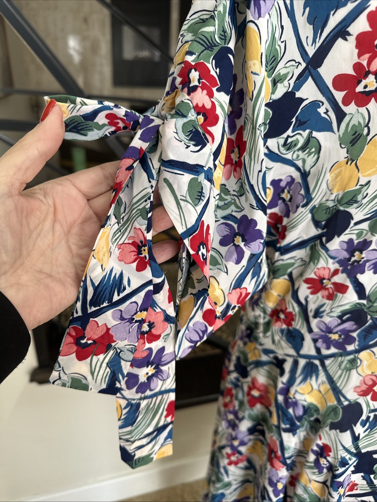 Norma Kamali 80s Floral Print Rayon High Low Long Dress Pussy Bow Keyhole Neck S