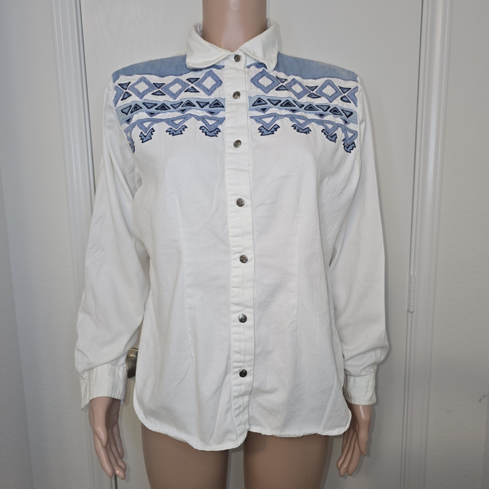 VTG Adobe Rose 90s White Western Button Up Southwestern Aztec Embroidery Sz XL