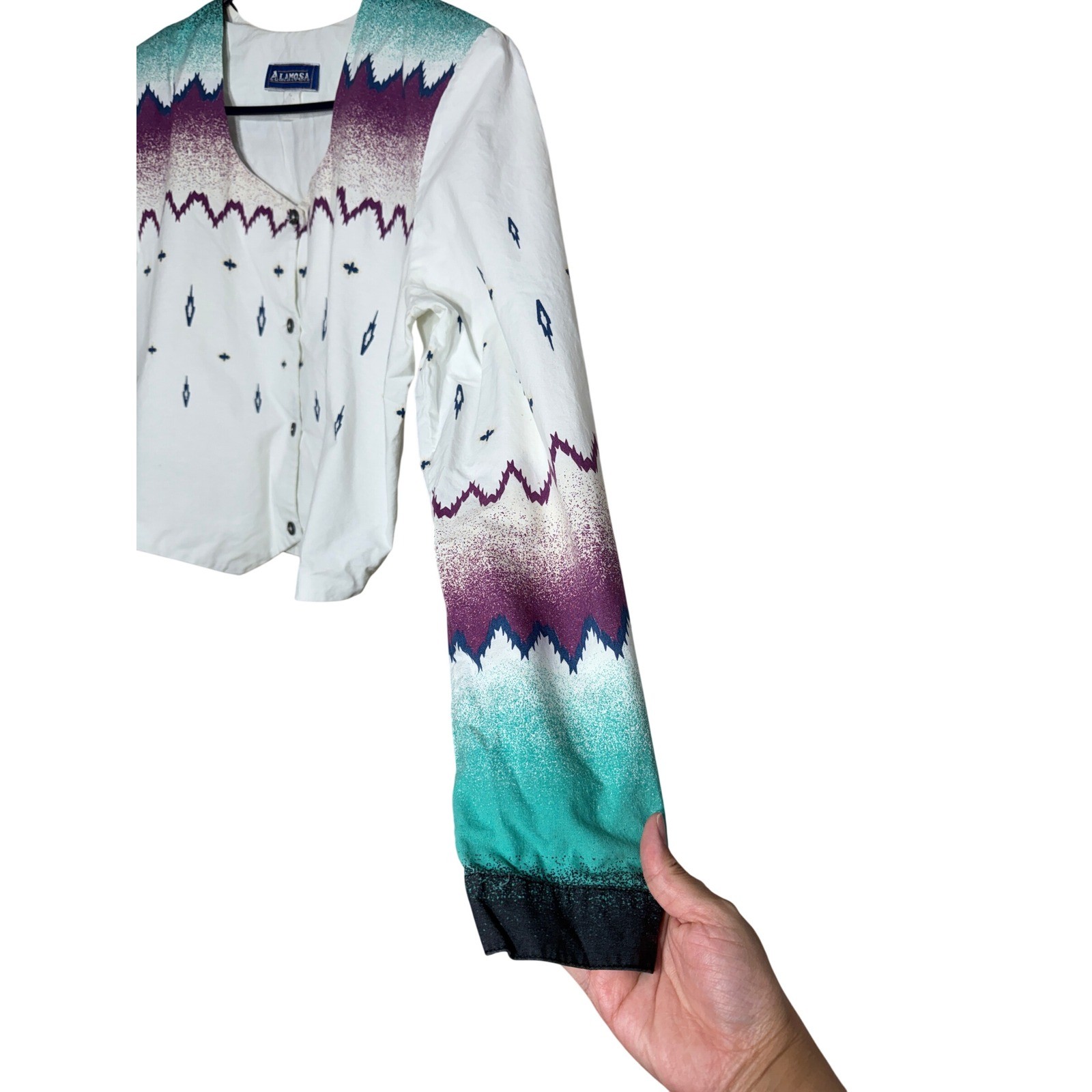 Alamosa Vintage Womens Southwestern Cropped Cotton Top White Teal Purple L