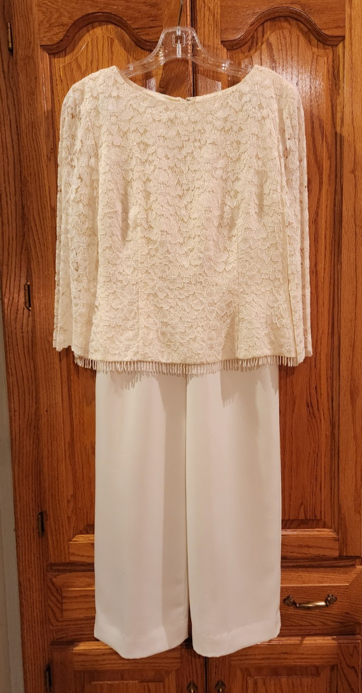 Vtg Sz 10 David Warren NY Ivory Cream Lace Top Beaded Hem/Satin Pants Outfit
