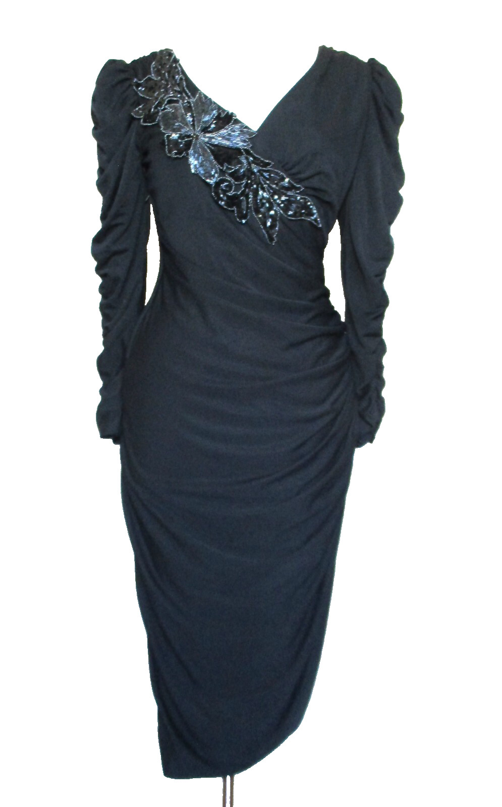 Vtg Samir California Dress Fitted Bead Black Strtch Poly V-Neck Ruched S/M Women