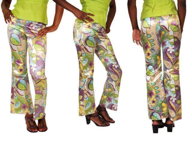 VTG 1970s Satin Floral Bell Bottom Pants & Lime Silk Top Lotte Designs Set S 4-6