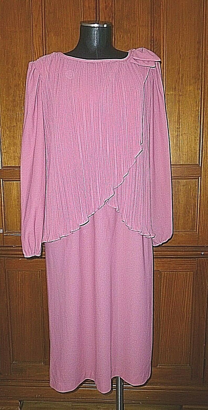 VTG 70s Micro Pleat Mauve Rose BOW Boho Cocktail Wedding Guest DRESS L XL