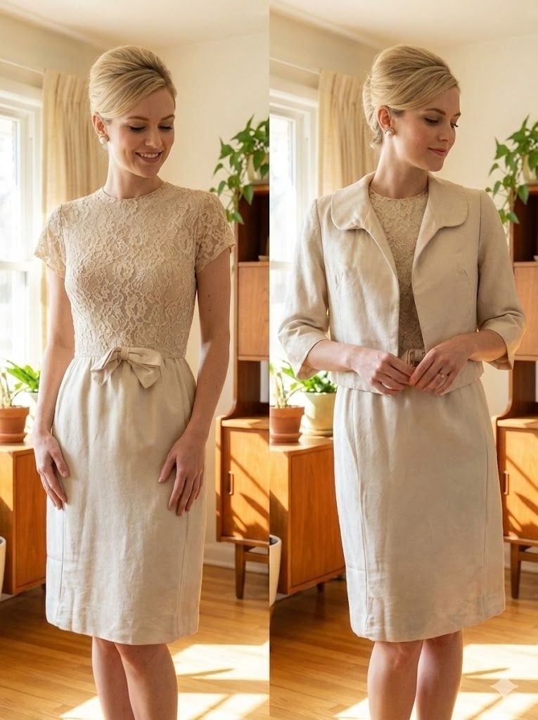 Vintage 60s Cream Lace Sheath Dress Jacket Set Bridal Mod Cocktail Mad Men Small