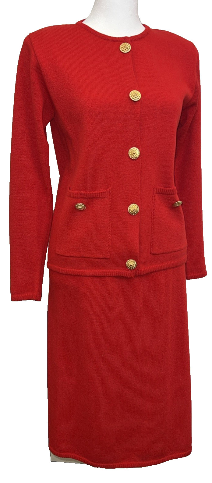 Vtg 80’s two piece cardigan sweater and pencil skirt set red knit size S