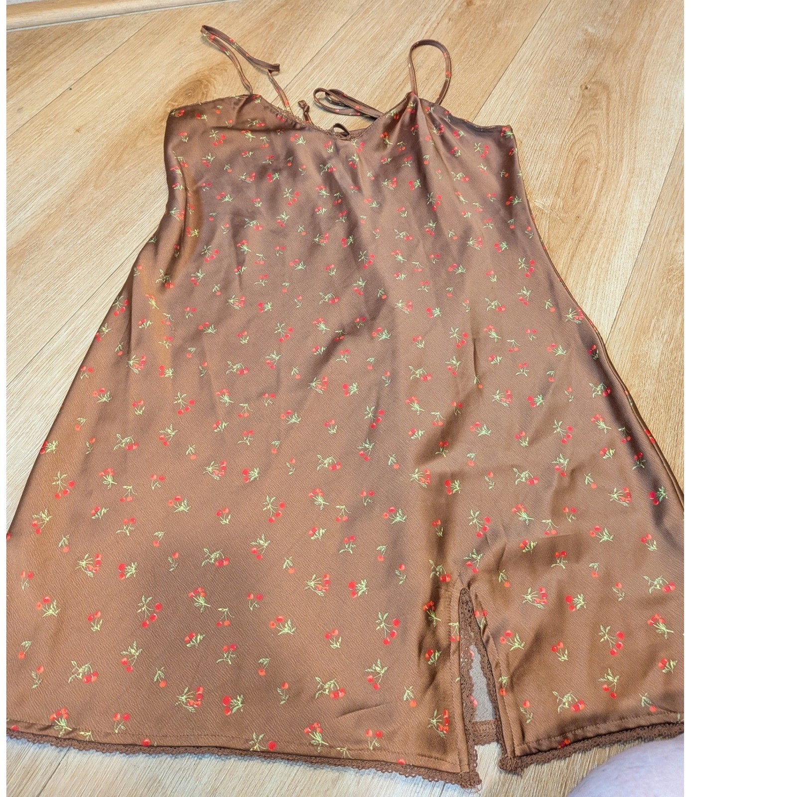 🍒 90s Style Cherry Print Babydoll Slip Dress Coquette Lace Trim Going Out Dress