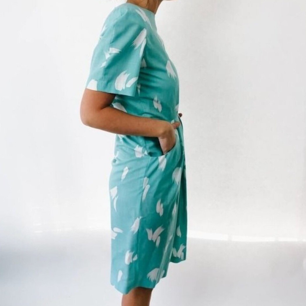 Vintage Turquoise Abstract Print Pleated Tulip Midi Dress with Pockets Teal Blue