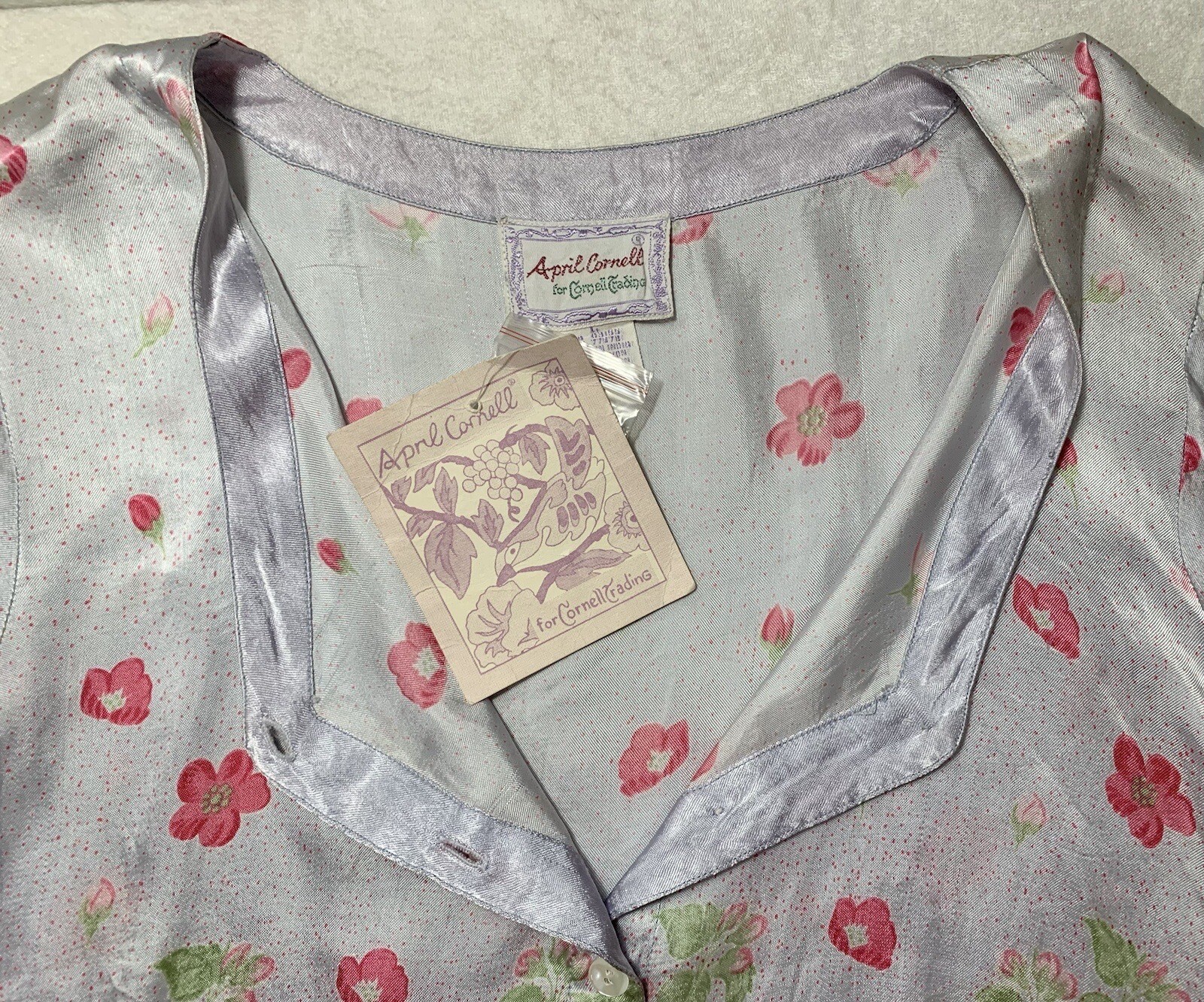 April Cornell Top And Skirt Set Blue And Pink Satin Flowers Size L NWT