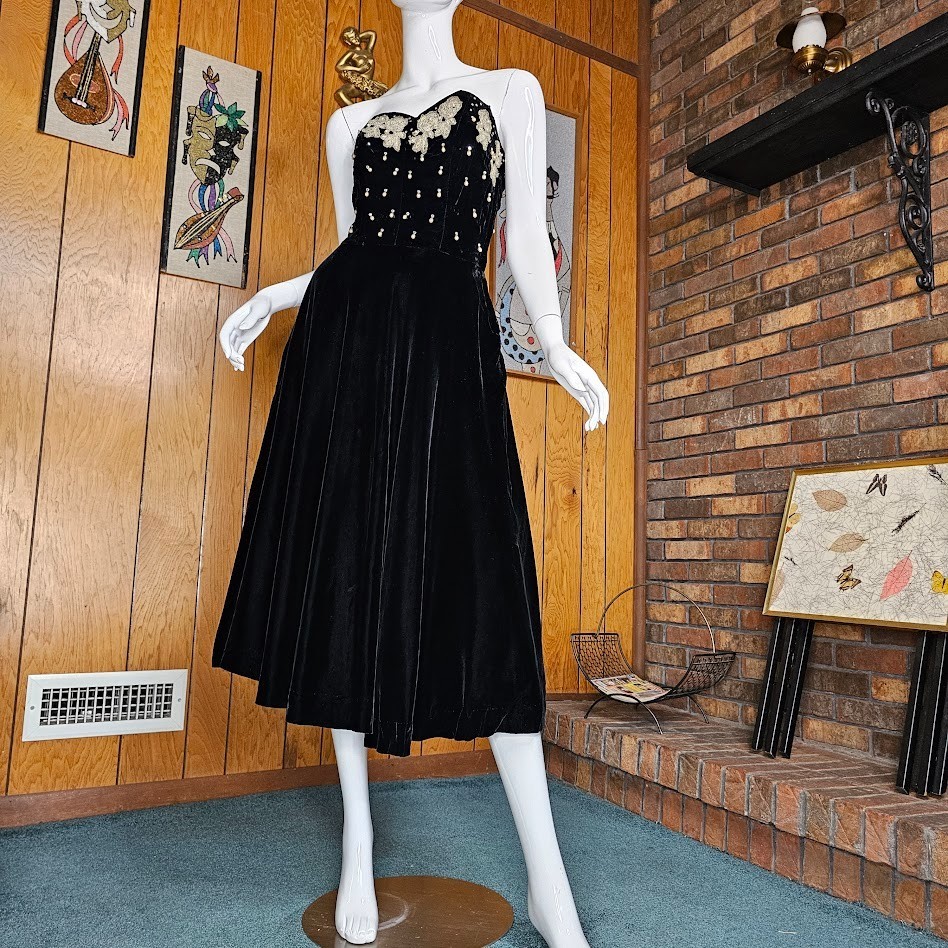 Vtg 40s New Look Pearl Drops Beaded Velvet Evening Formal Party Full Dress XS/S