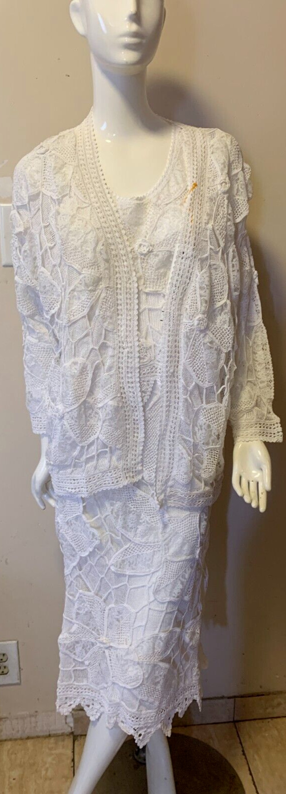 Lim’s 3 Piece Set White Jacket Top & Skirt Crochet Size S NWT