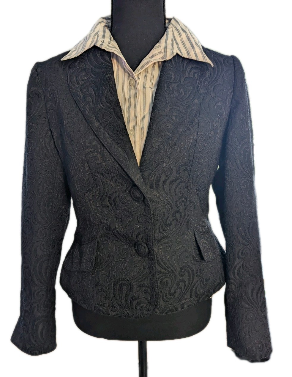 VTG Emma James Petite (Liz Claiborne) Black Textured Swirl Patterned Blazer S-M