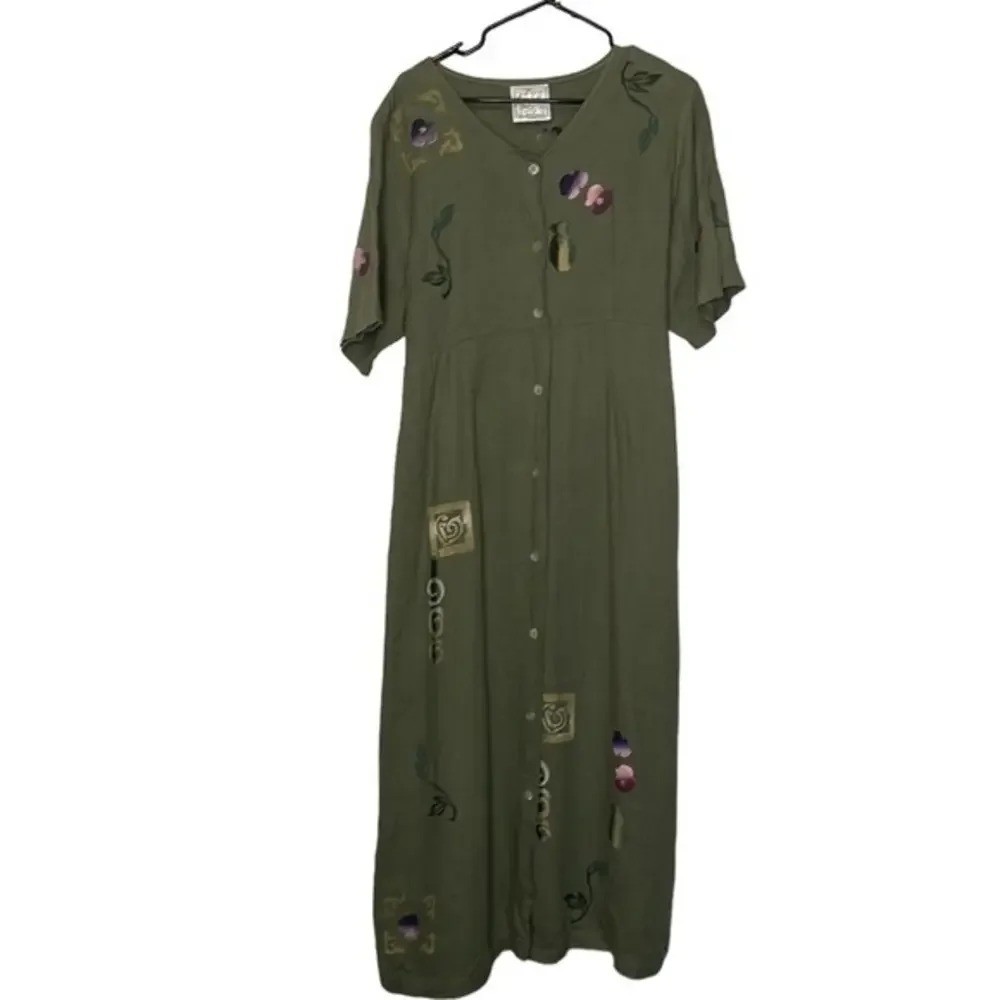 Vintage Play Alegre Hand Painted Green 100% Linen Dress Boho Minimalist Large