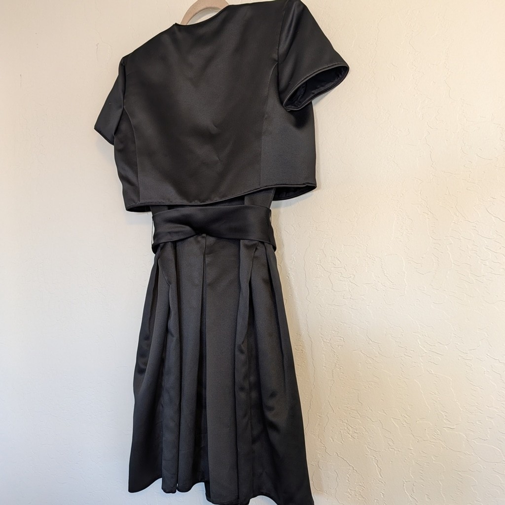 VTG LBD Two Piece Satin Bow Dress Bolero Jacket Cocktail Evening Formal Midi