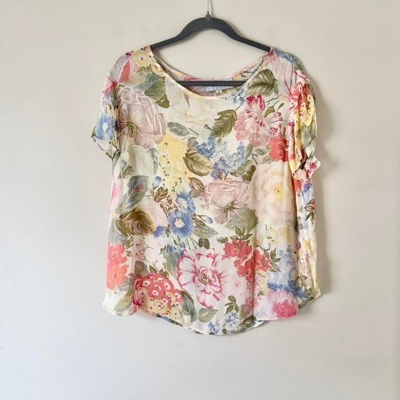 Vintage 80s/90s floral blouse sheer medium rayon blue yellow pink rose