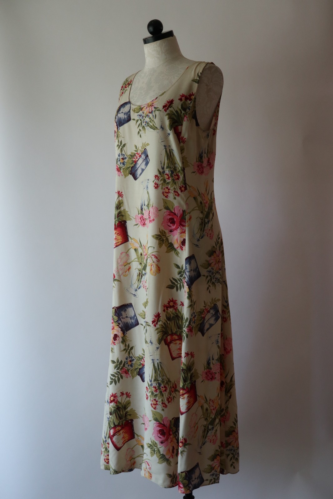 90s Vintage Pastel Garden Plants Pots Sleeveless Long Maxi Sundress Women S M