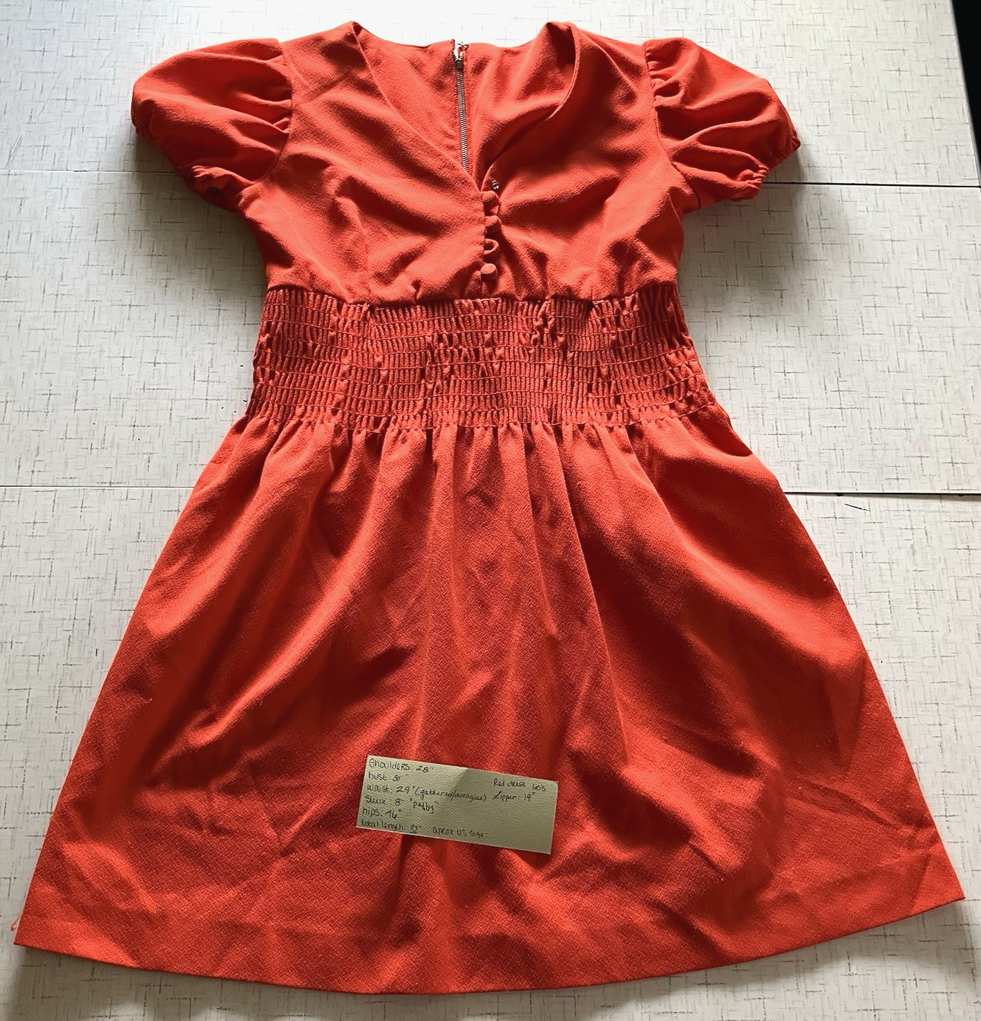 Vtg 60’s Short Red Dress Puff Sleeve Gathered Bodice Back Zipper sz s/m